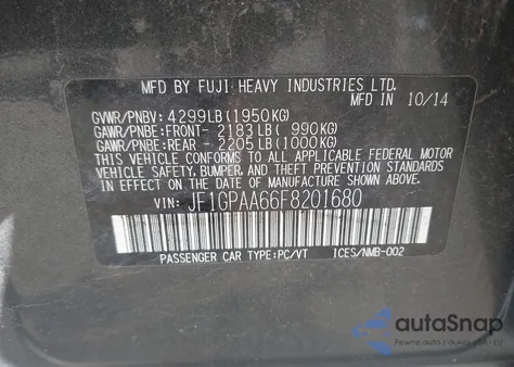 2015 Subaru Impreza 2.0I from USA, damaged, VIN JF1GPAA66F8201680